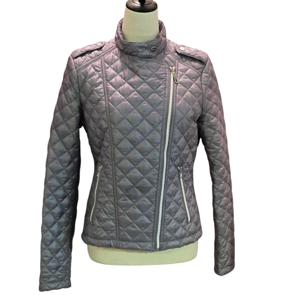 Kenneth Cole Pewter Quilted Moto Bike Jacket Full Zip Closure Women M
